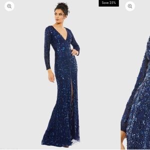 Mac Duggal Navy Sequin Long Sleeve Gown